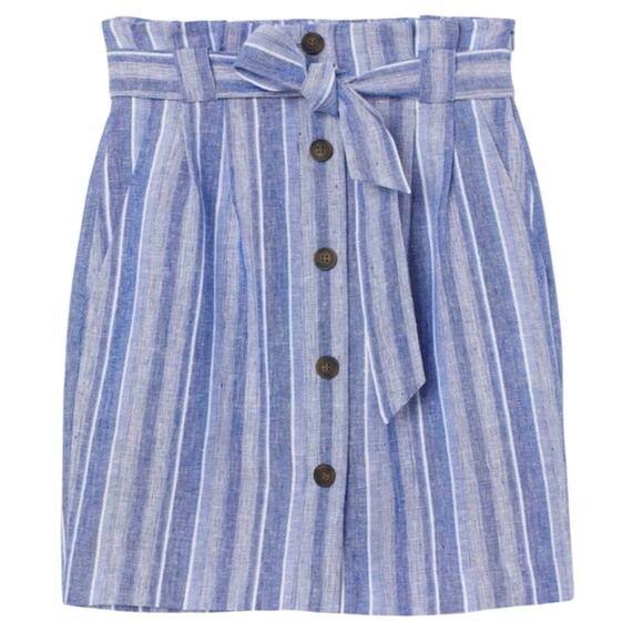 H&M Linen Blend Paperbag Skirt Minimalist Blue Stripe Button-Up Belt Sz 4 NWOT - Picture 1 of 8